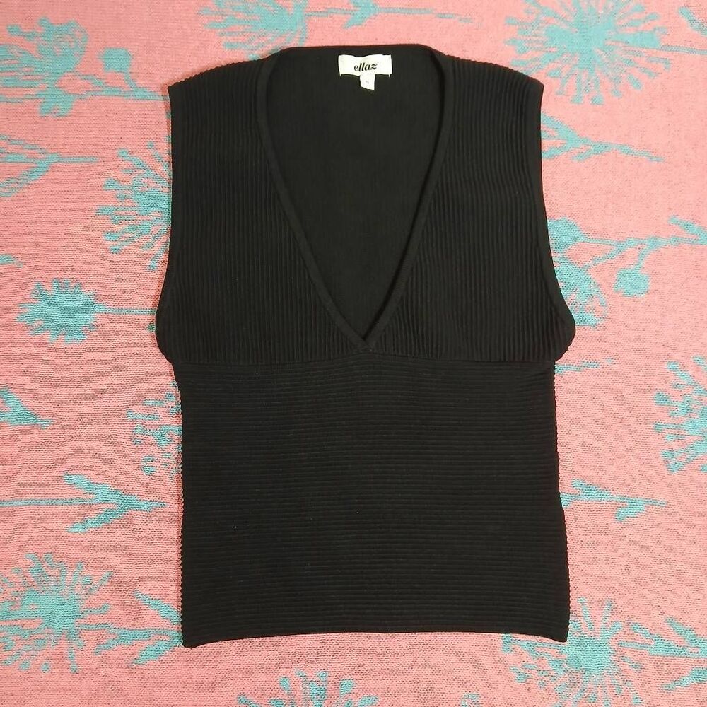 Ellaz womens small black ribbed top fitted stretch quiet luxury minimalist - Picture 1 of 8